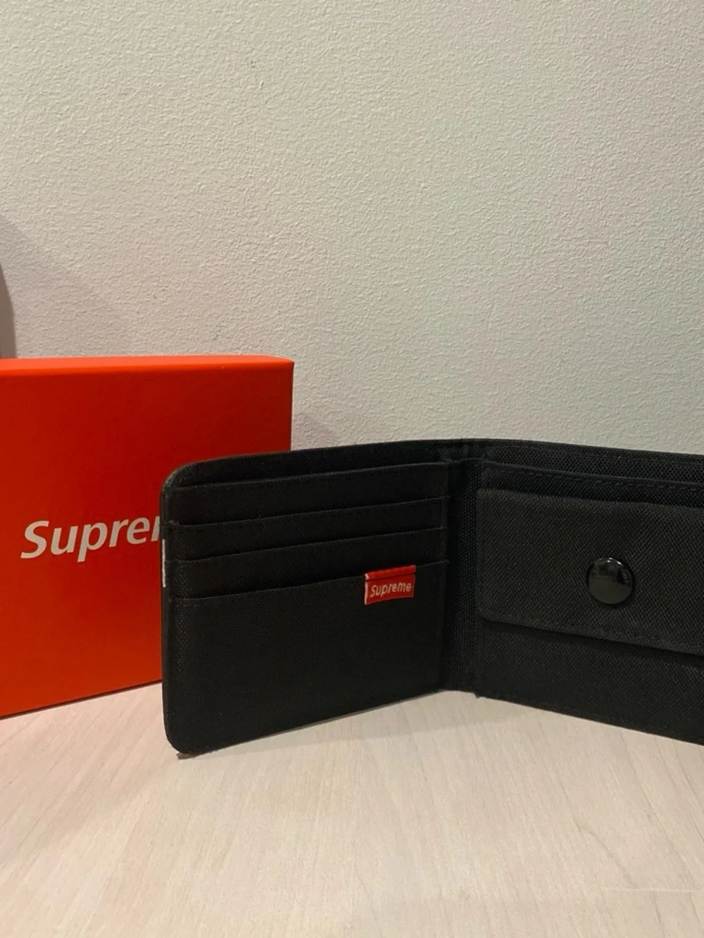 Supreme Black Leather Zip Card Holder with White Logo Print